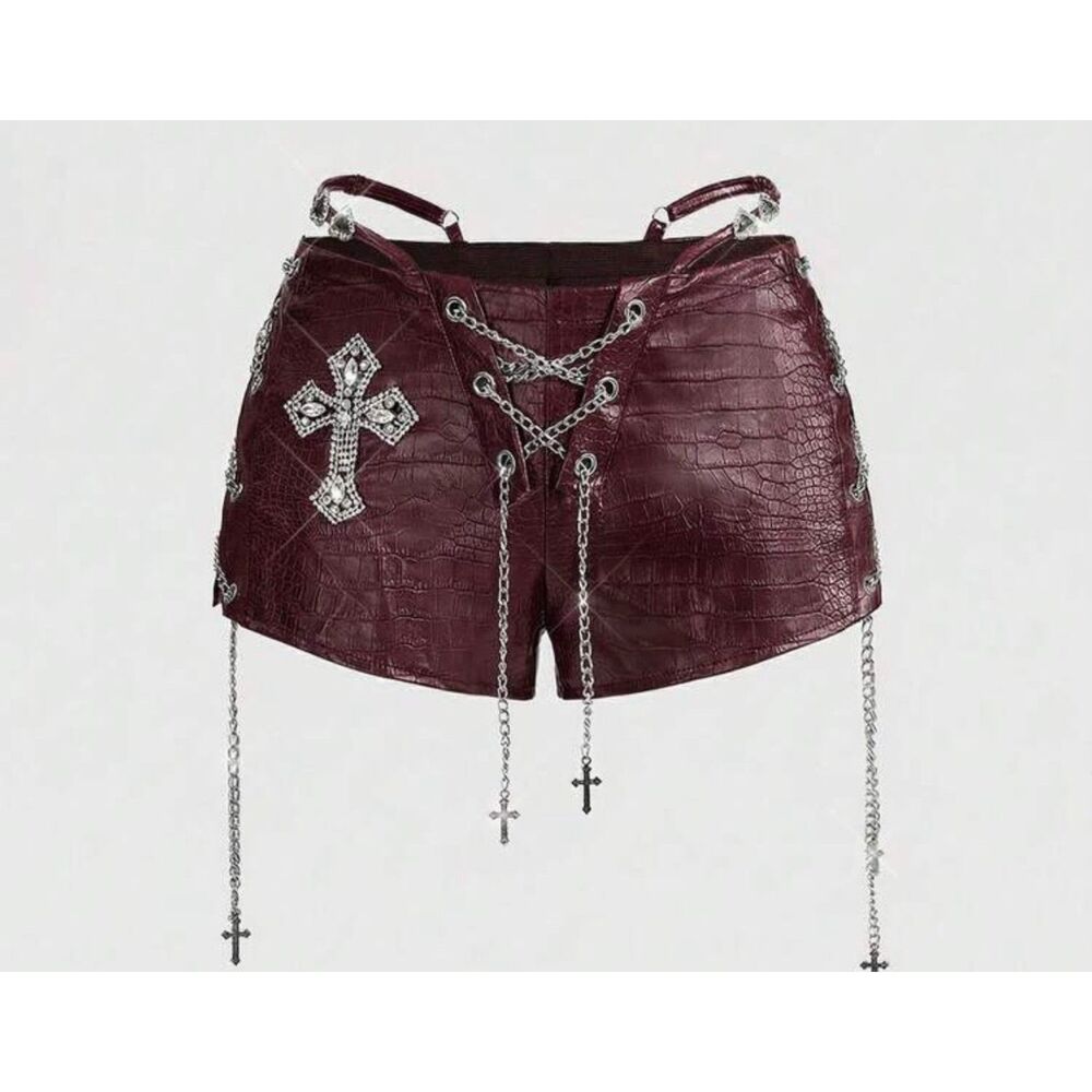 ROMWE Burgundy Faux Leather Rave Set Chain Lace‑Up Halter Top & Shorts Size S - Picture 3 of 8